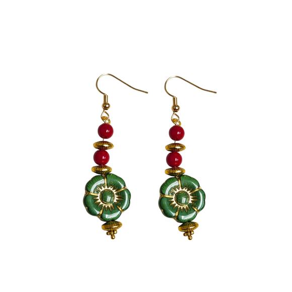 Handmade Green Czech Glass & Red Coral Earrings | Unique Artisan Jewelry - Picture 5 of 5